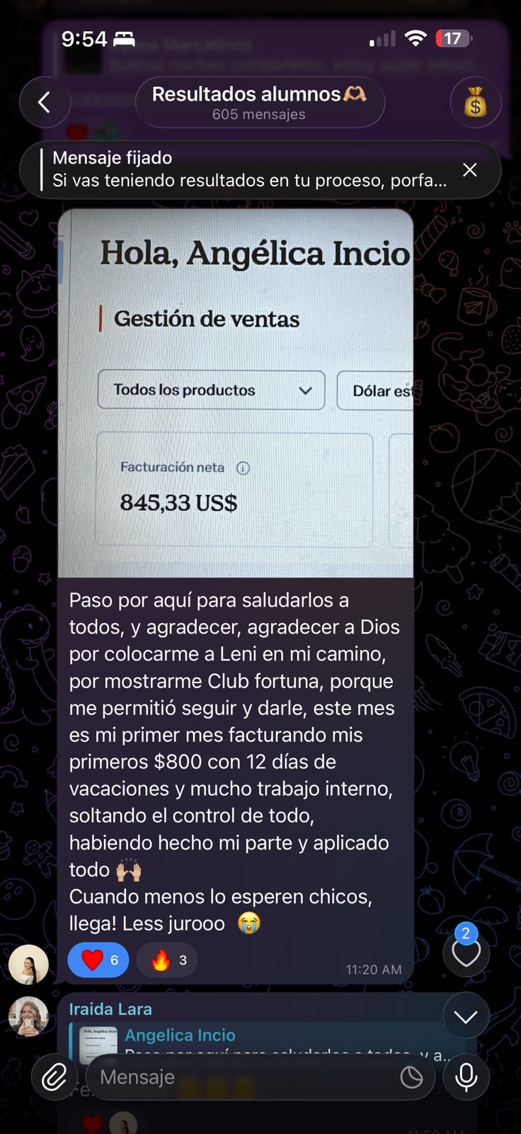 Alumna: primer mes facturando $845